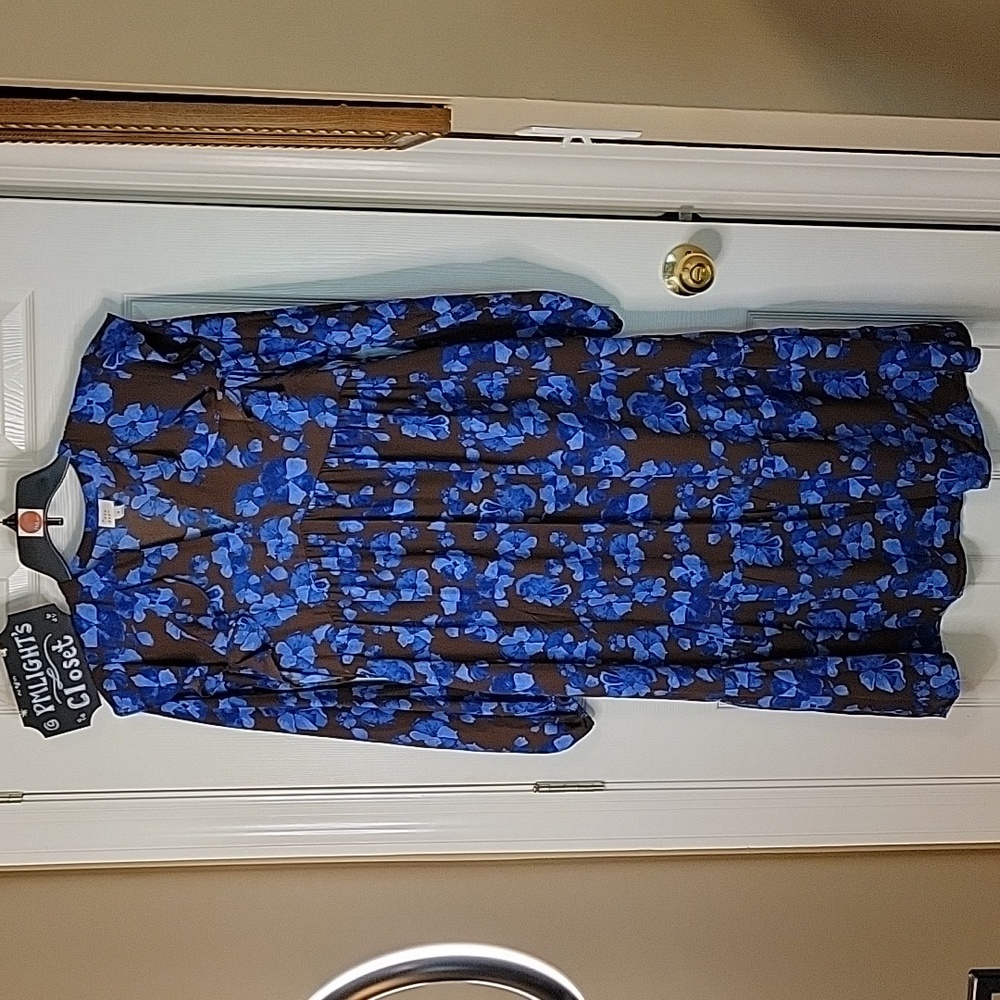 A New Day Small Dress Floral Print Ruffle Brown Blue Long Sleeve